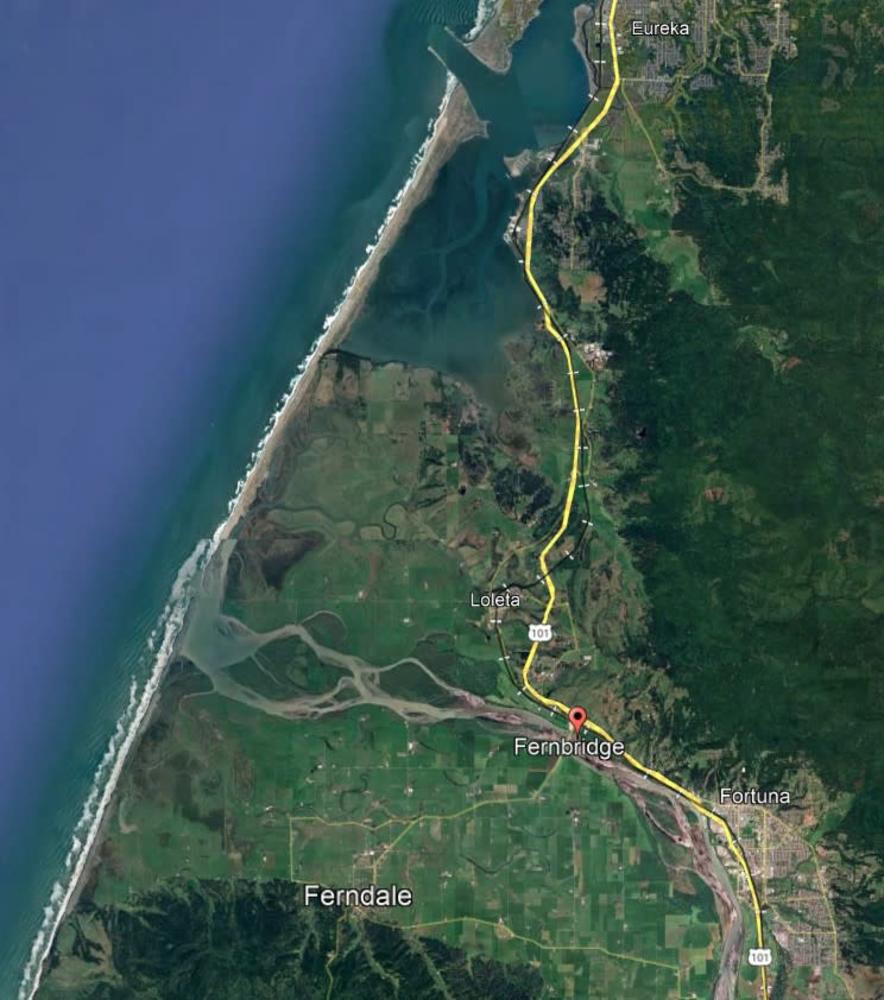 Google Earth view of Fernbridge in relation to Ferndale and surrounding towns along highway 101